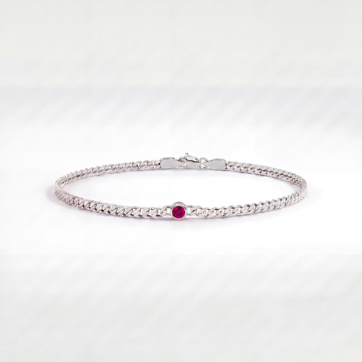 Round Brilliant Cut Bezel Set Ruby Solitaire 14K Solid Gold Cuban Curb Link Bracelet