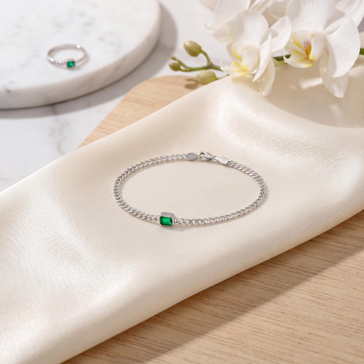 Emerald Cut Bezel Set Emerald Solitaire 14K Solid Gold Cuban Curb Link Bracelet