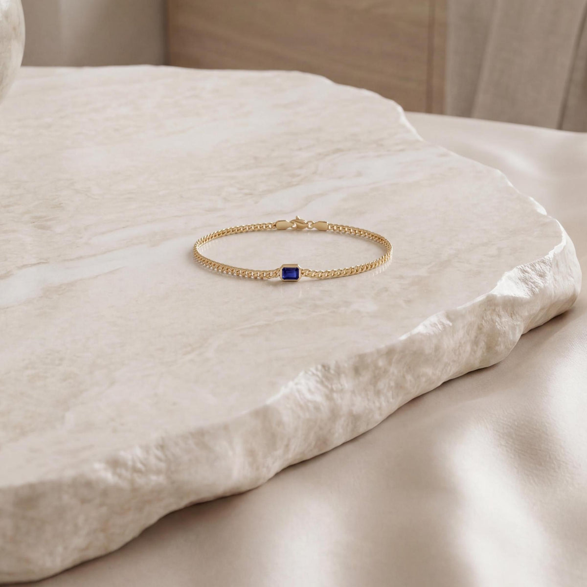 Emerald Cut Bezel Set Sapphire Solitaire 14K Solid Gold Cuban Curb Link Bracelet