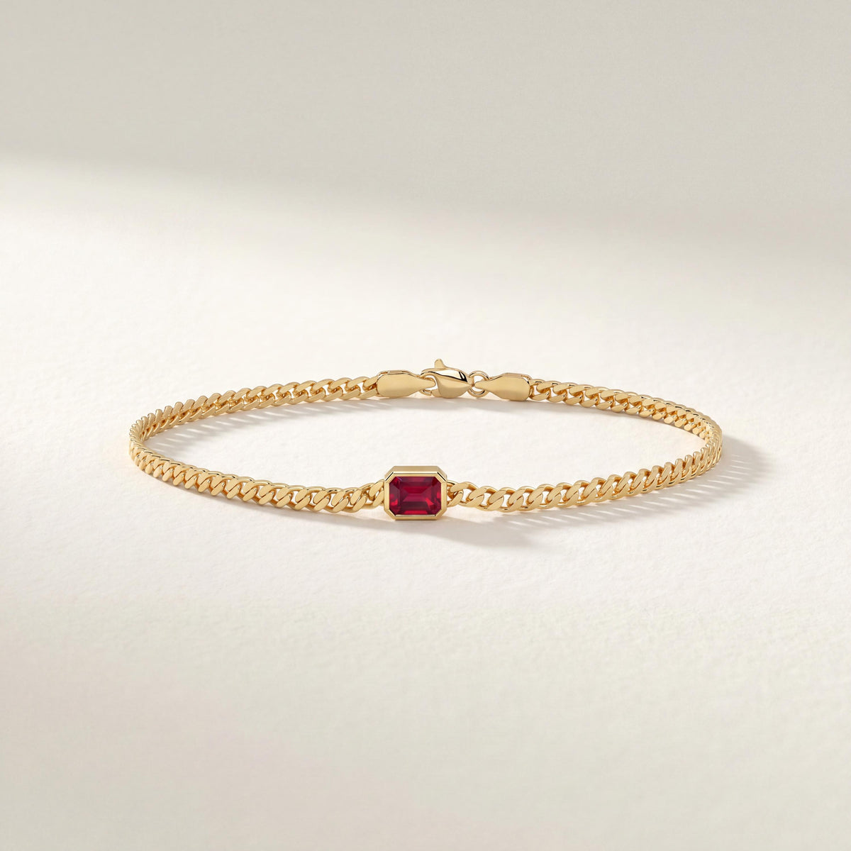 Emerald Cut Bezel Set Ruby Solitaire 14K Solid Gold Cuban Curb Link Bracelet
