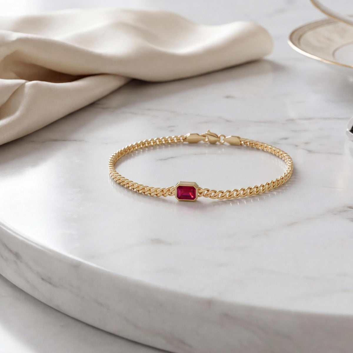 Emerald Cut Bezel Set Ruby Solitaire 14K Solid Gold Cuban Curb Link Bracelet