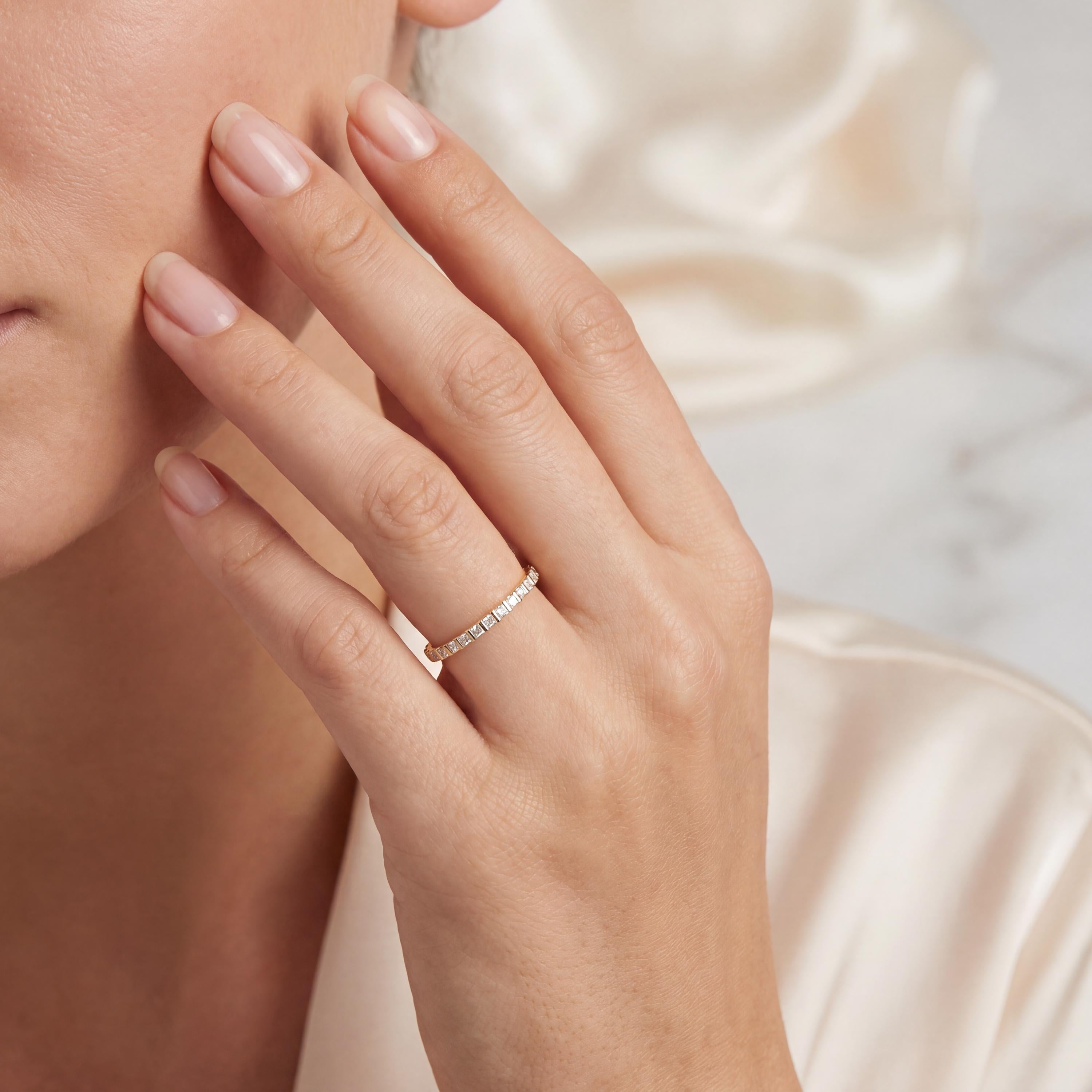 Princess Cut Diamond Full Eternity Dainty Wedding Band Ring 14K Solid Gold Bar Set