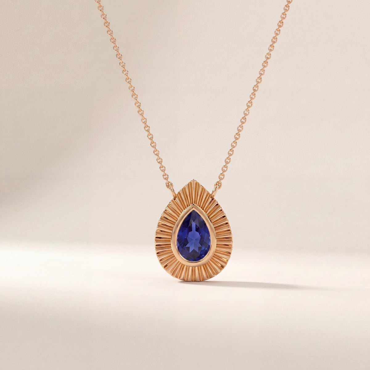 Pear Shape Sapphire Fluted Dainty Bezel 14K Solid Gold Pendant Necklace