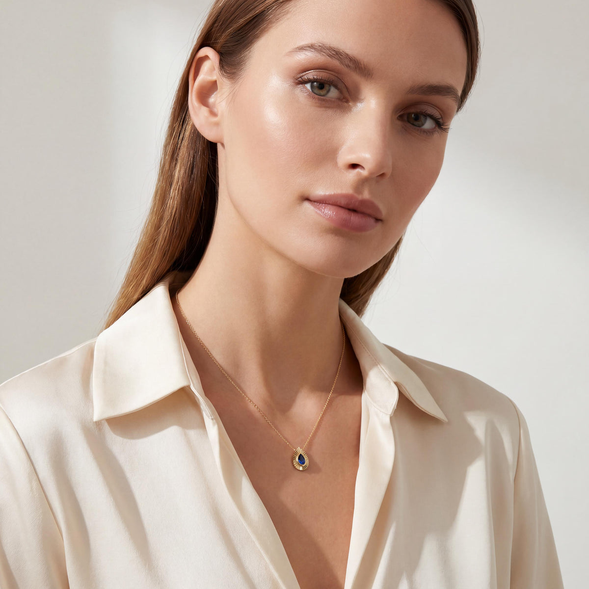 Pear Shape Sapphire Fluted Dainty Bezel 14K Solid Gold Pendant Necklace
