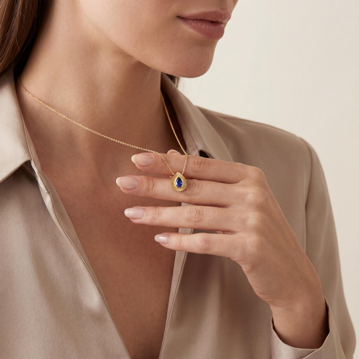 Pear Shape Sapphire Fluted Dainty Bezel 14K Solid Gold Pendant Necklace