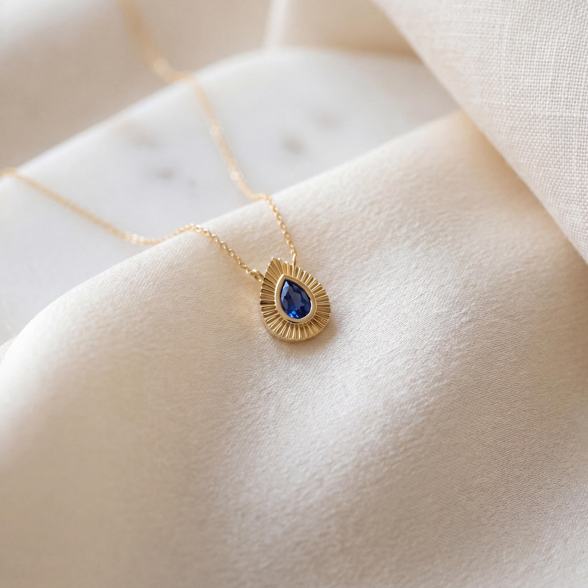 Pear Shape Sapphire Fluted Dainty Bezel 14K Solid Gold Pendant Necklace