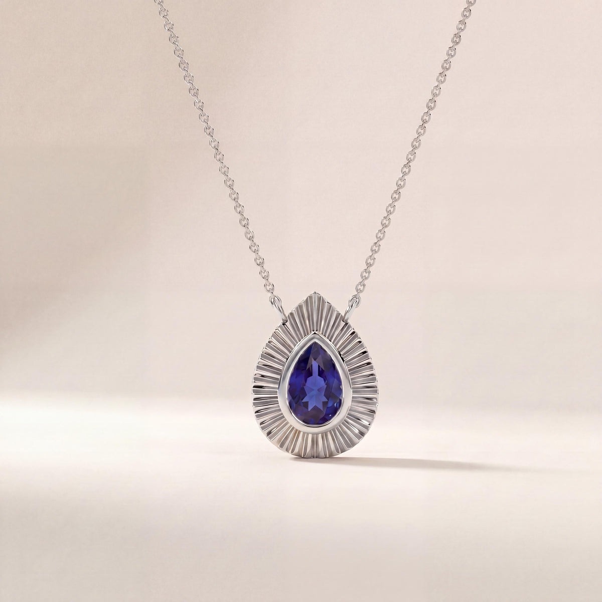 Pear Shape Sapphire Fluted Dainty Bezel 14K Solid Gold Pendant Necklace