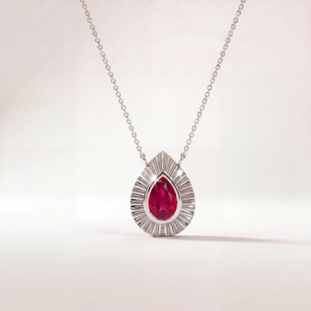 Pear Shape Ruby Fluted Dainty Bezel 14K Solid Gold Pendant Necklace