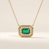 Emerald Cut Diamond & Emerald Halo Dainty Bezel 14K Solid Gold Pendant Necklace