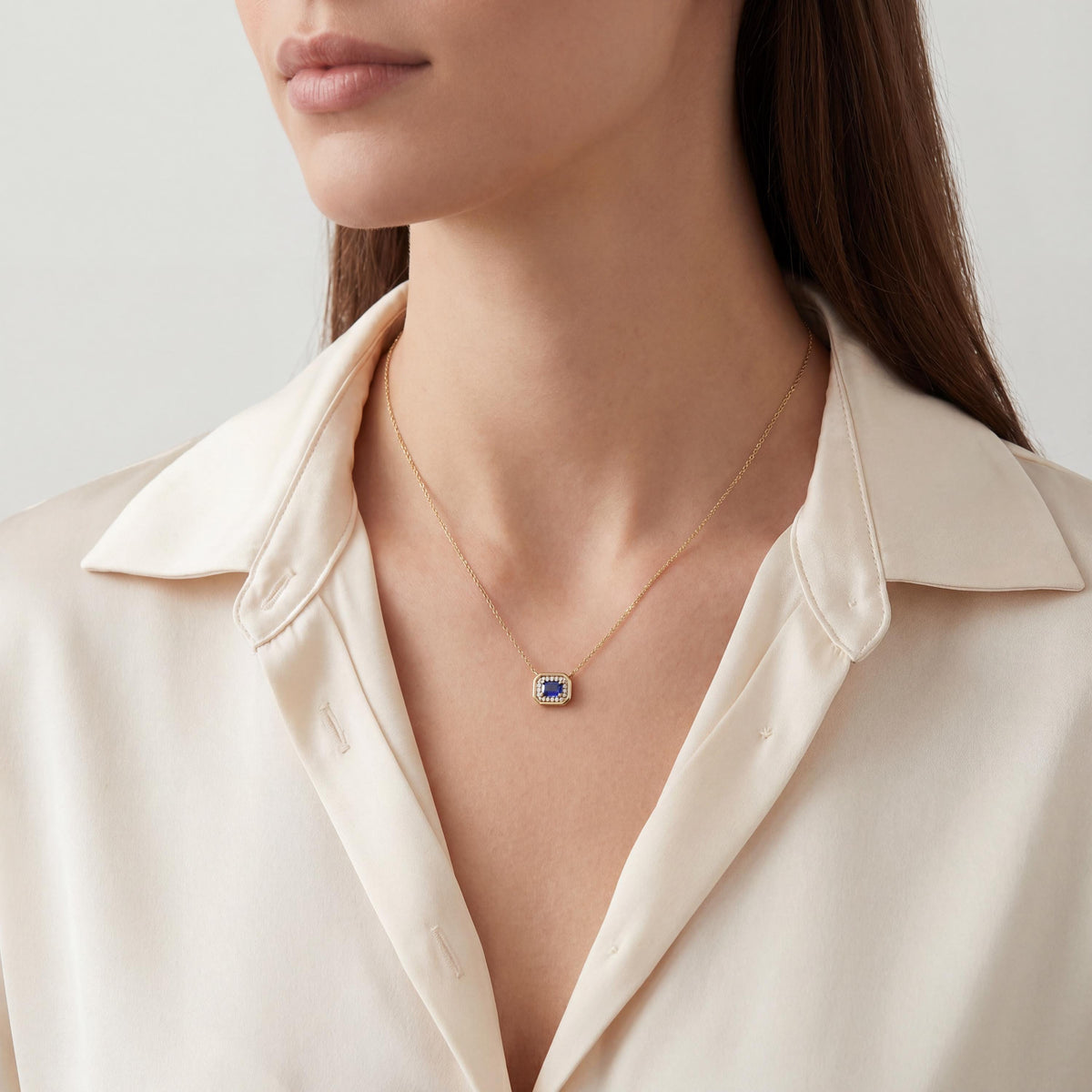 Emerald Cut Sapphire & Diamond Halo Dainty Bezel 14K Solid Gold Pendant Necklace