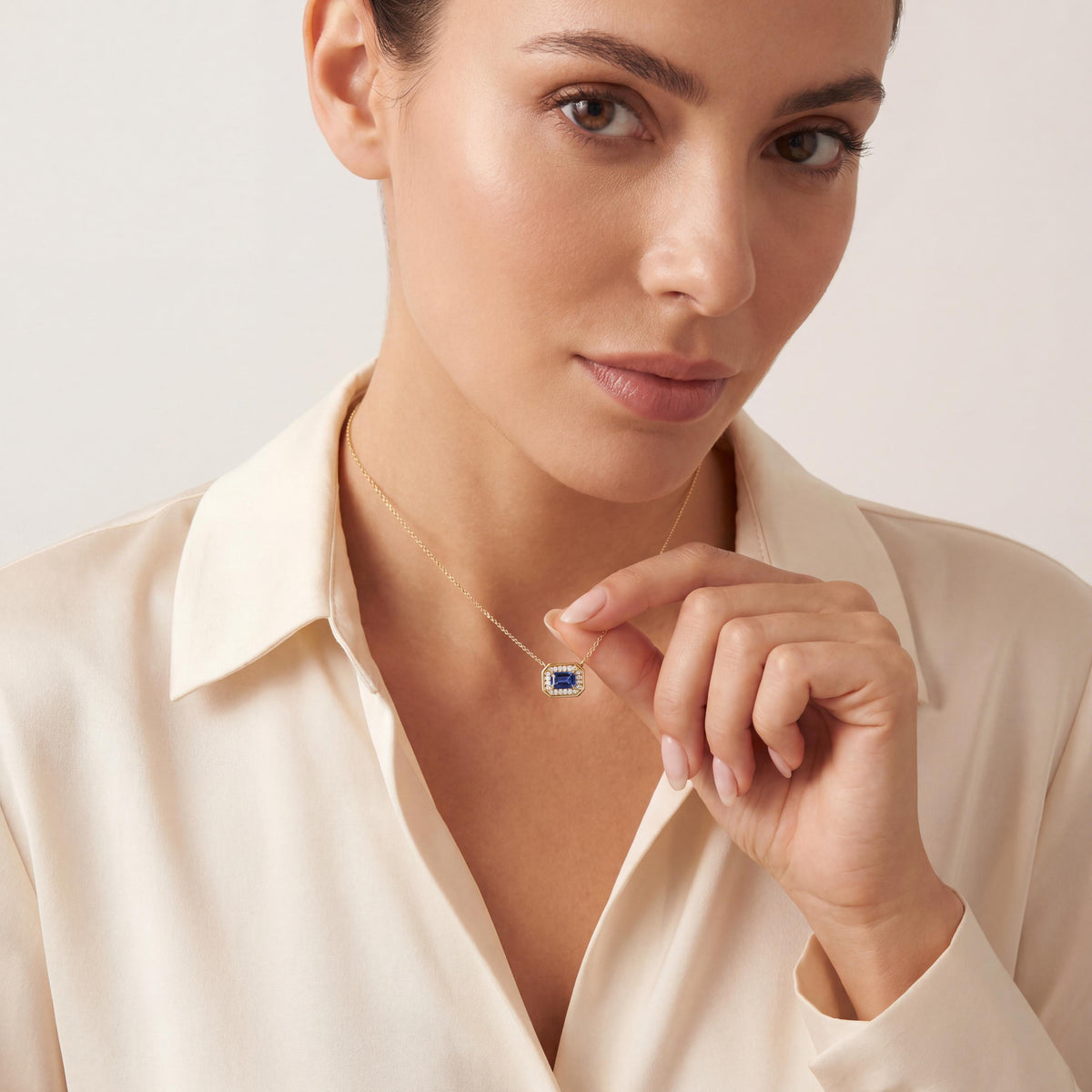 Emerald Cut Sapphire & Diamond Halo Dainty Bezel 14K Solid Gold Pendant Necklace