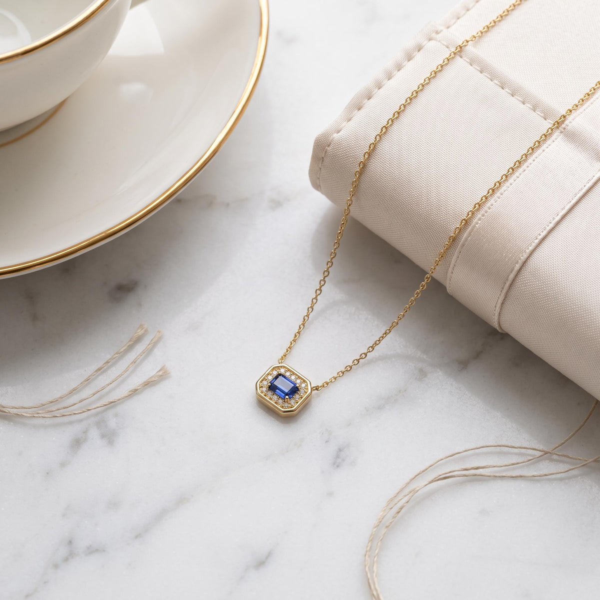 Emerald Cut Sapphire & Diamond Halo Dainty Bezel 14K Solid Gold Pendant Necklace