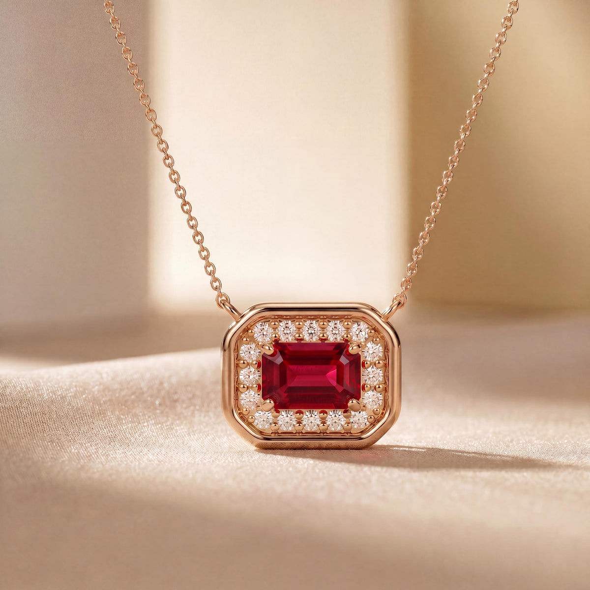 Emerald Cut Ruby & Diamond Halo Dainty Bezel 14K Solid Gold Pendant Necklace