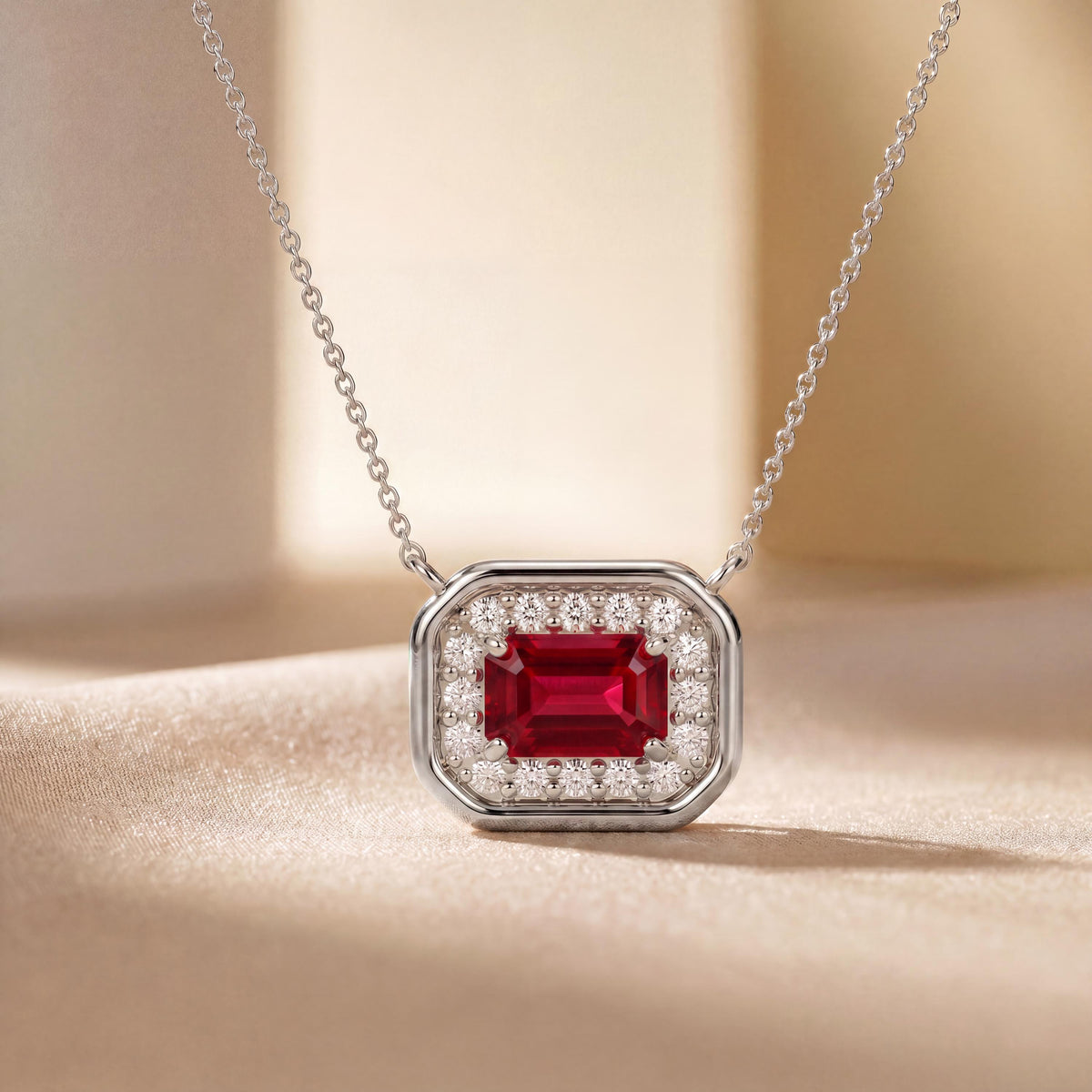 Emerald Cut Ruby & Diamond Halo Dainty Bezel 14K Solid Gold Pendant Necklace
