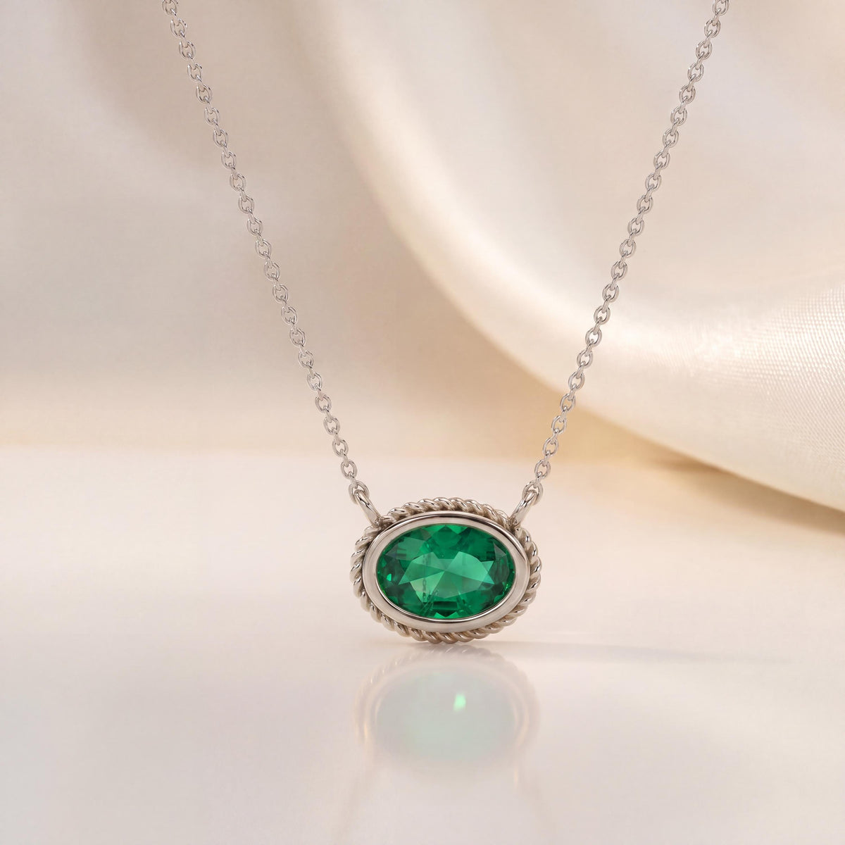 Oval Emerald Solitaire Bezel Set Halo Rope 14K Solid Gold Pendant Necklace