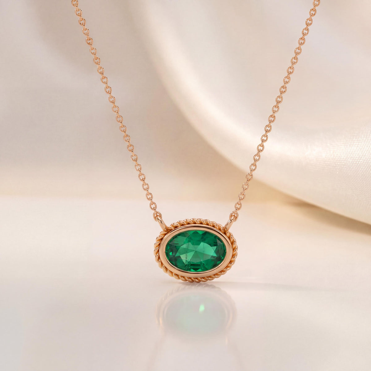 Oval Emerald Solitaire Bezel Set Halo Rope 14K Solid Gold Pendant Necklace