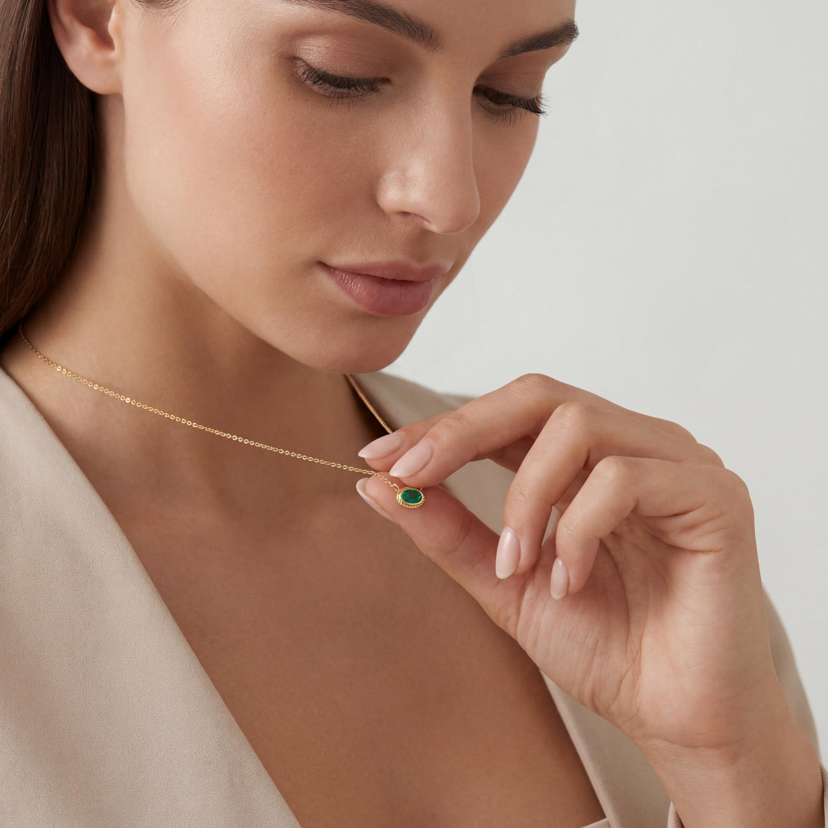Oval Emerald Solitaire Bezel Set Halo Rope 14K Solid Gold Pendant Necklace