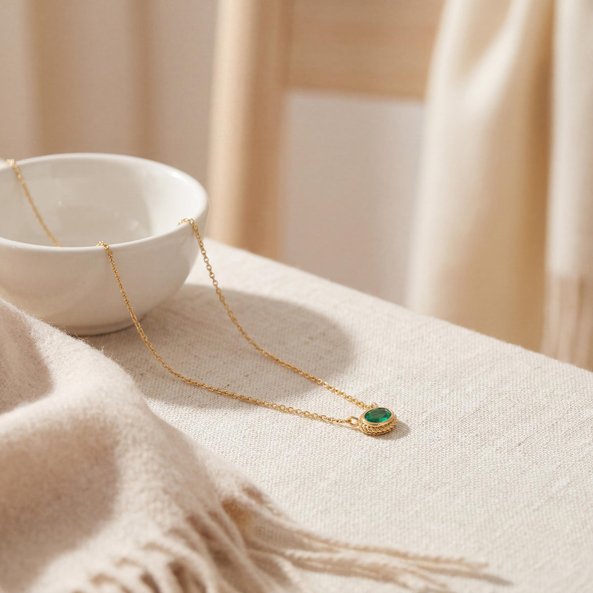 Oval Emerald Solitaire Bezel Set Halo Rope 14K Solid Gold Pendant Necklace