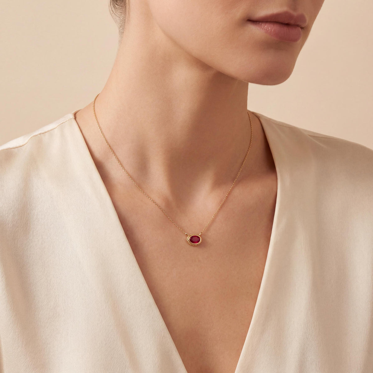 Oval Ruby Solitaire Bezel Set Halo Rope 14K Solid Gold Pendant Necklace