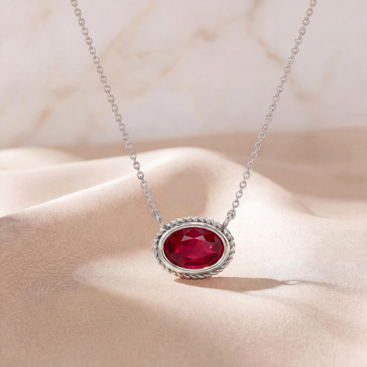 Oval Ruby Solitaire Bezel Set Halo Rope 14K Solid Gold Pendant Necklace