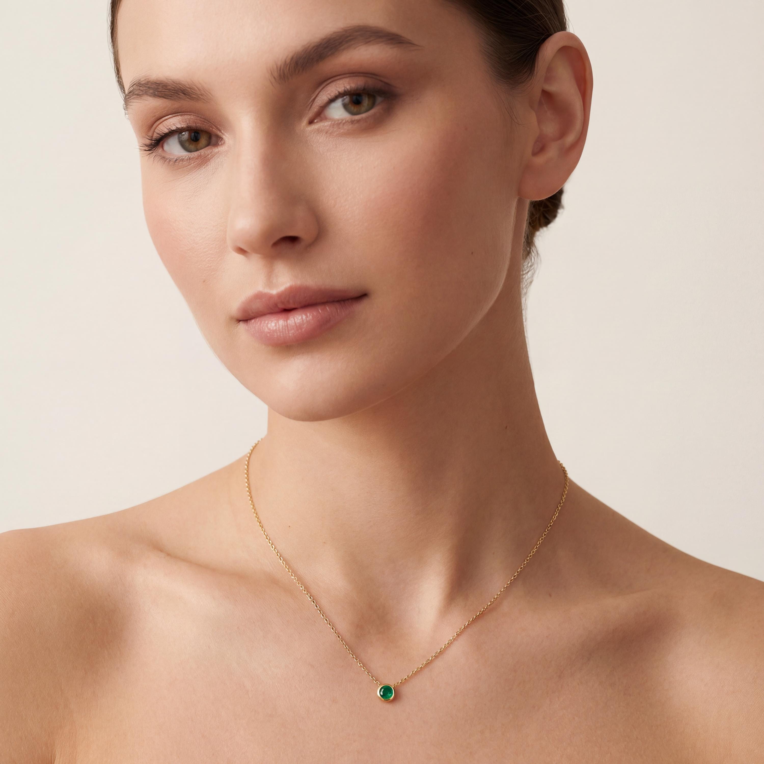 Round Emerald Bezel Set Solitaire 14K Solid Gold Pendant Necklace