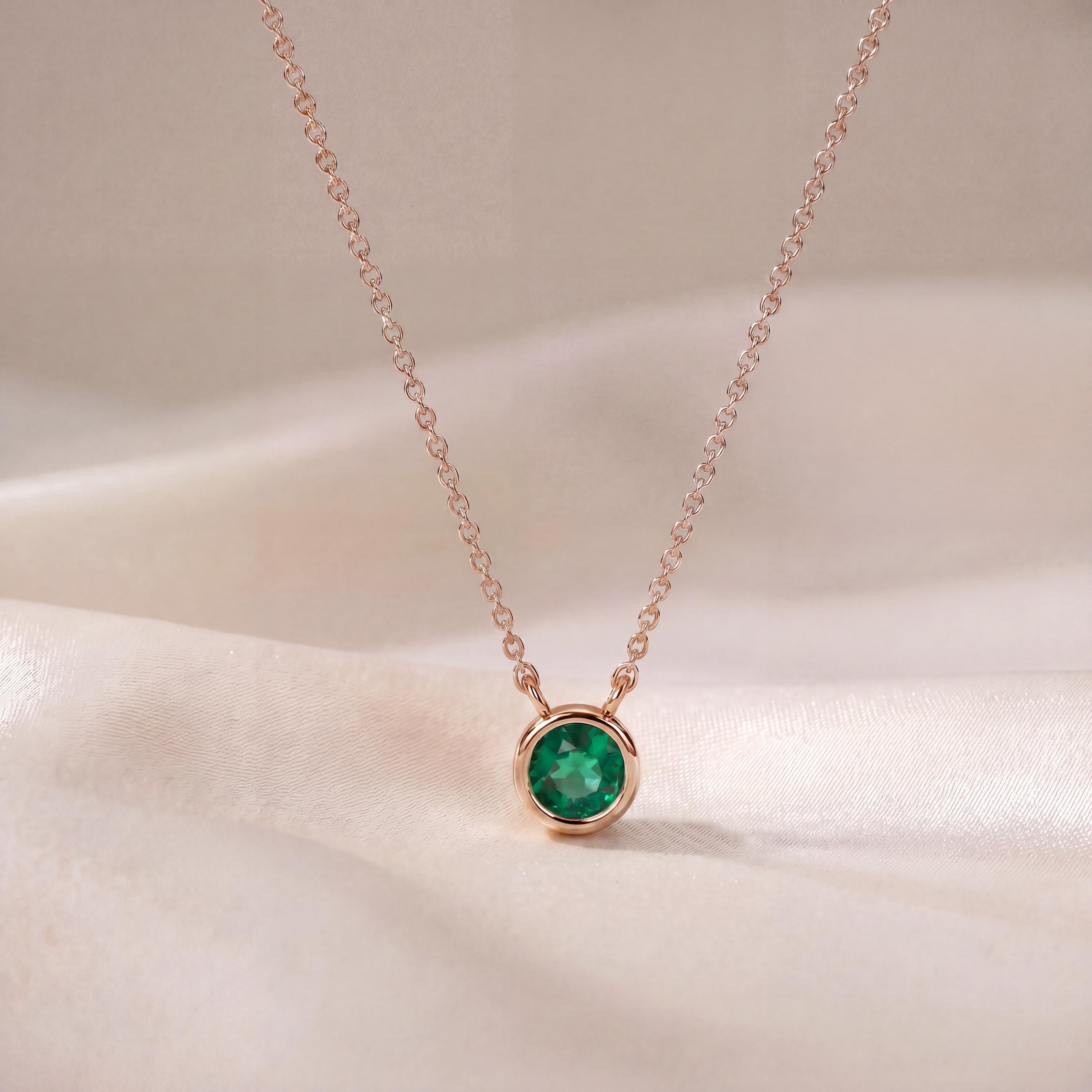 Round Emerald Bezel Set Solitaire 14K Solid Gold Pendant Necklace