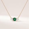 Round Emerald & Diamond Three Stone Dainty Necklace 14K Solid Gold Pendant