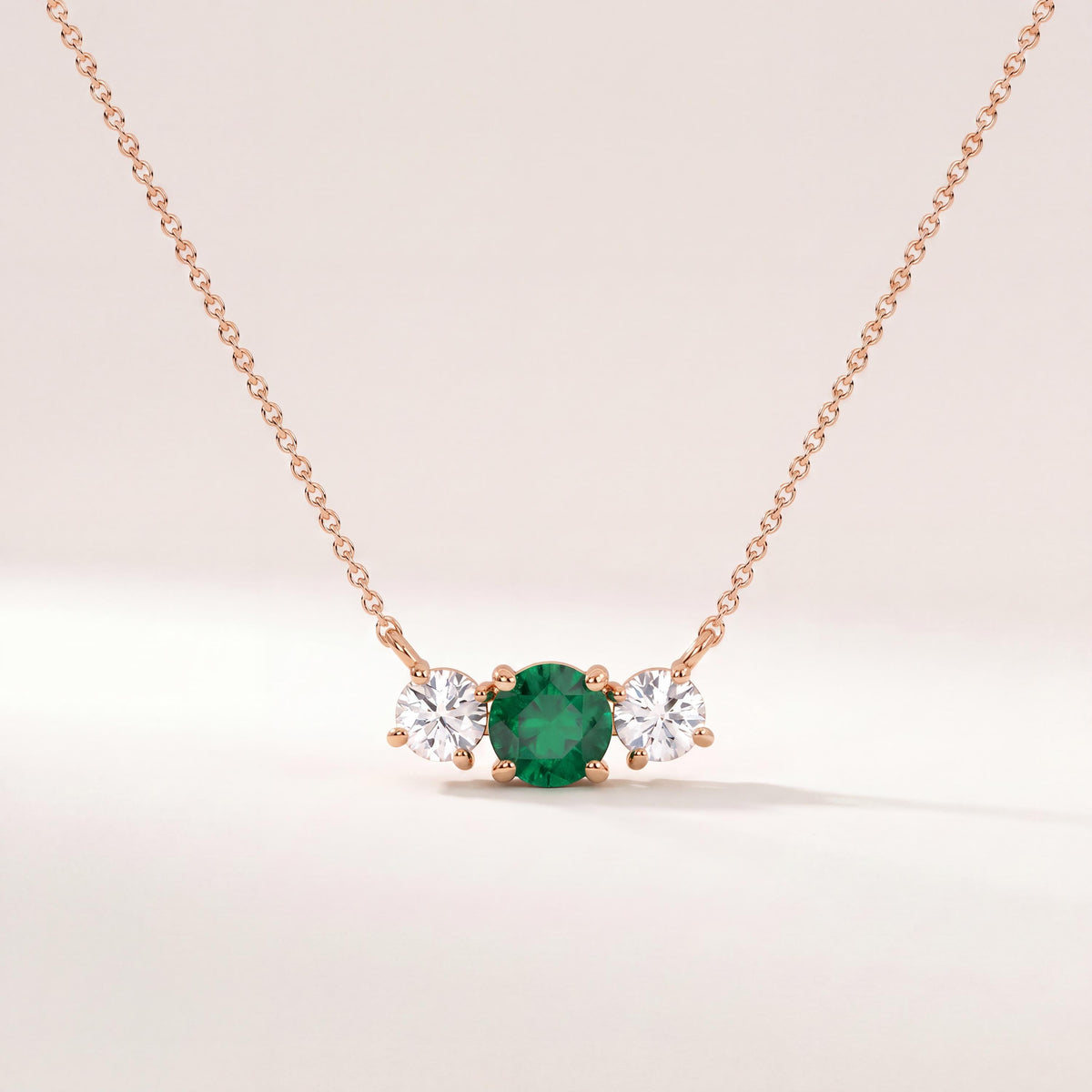 Round Emerald & Diamond Three Stone Dainty Necklace 14K Solid Gold Pendant