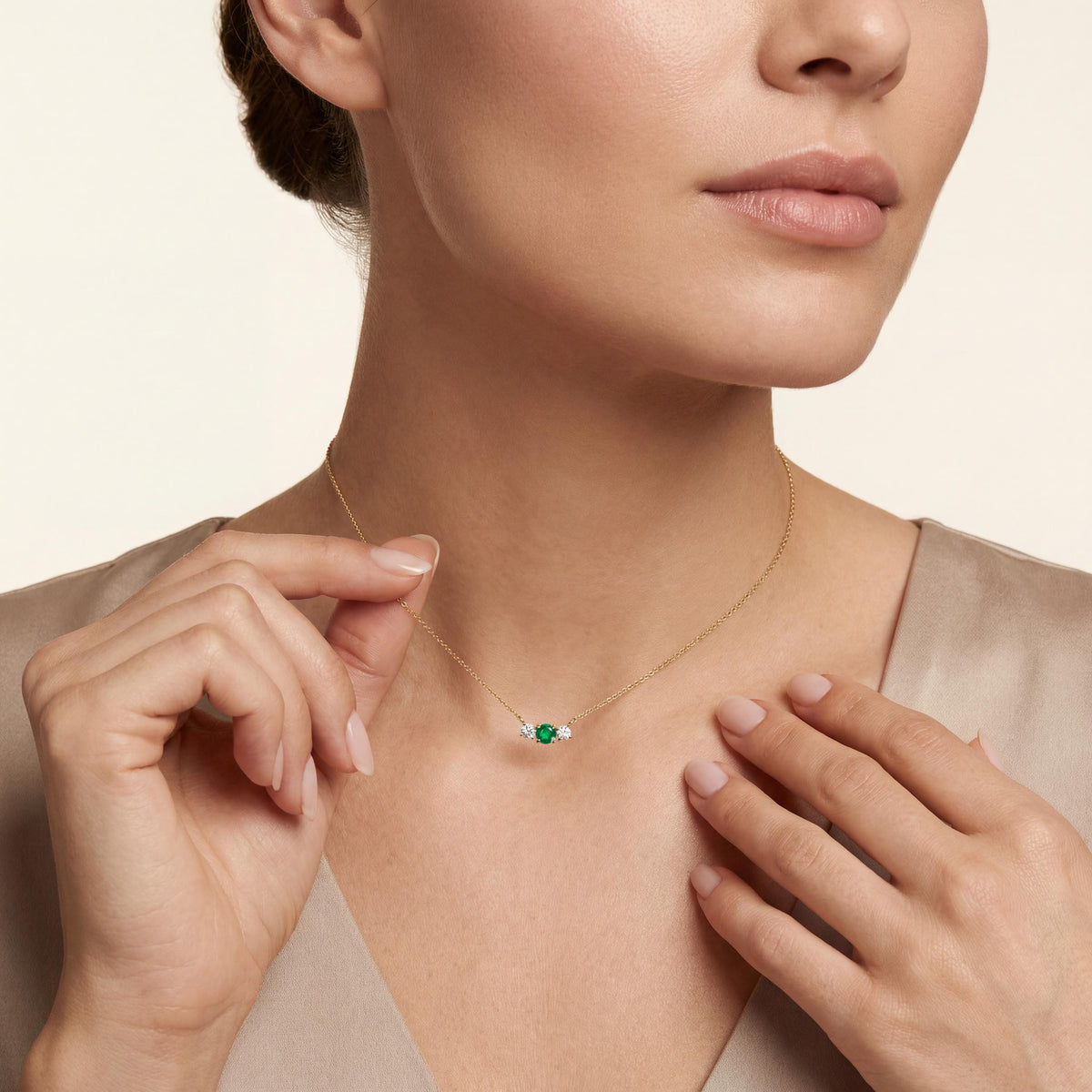Round Emerald & Diamond Three Stone Dainty Necklace 14K Solid Gold Pendant