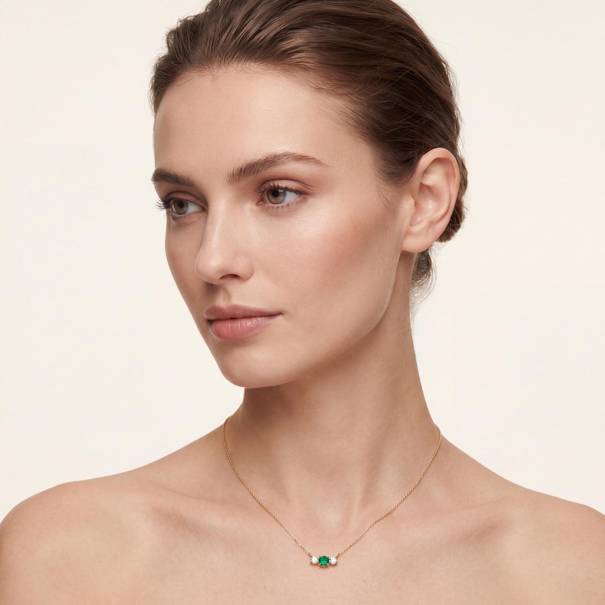 Round Emerald & Diamond Three Stone Dainty Necklace 14K Solid Gold Pendant