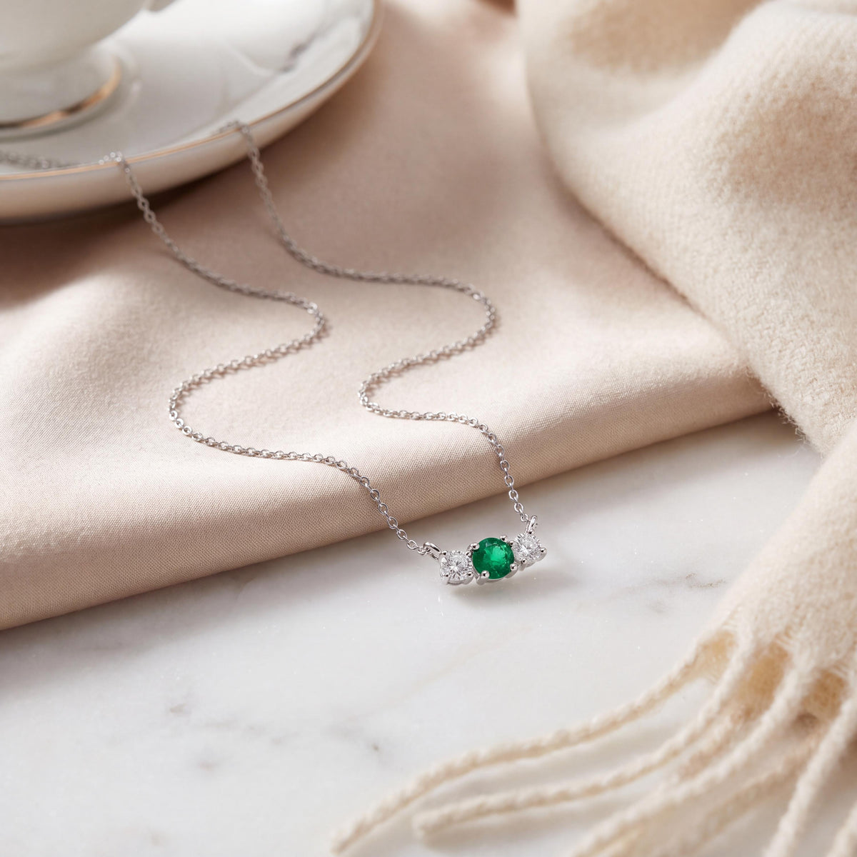 Round Emerald & Diamond Three Stone Dainty Necklace 14K Solid Gold Pendant