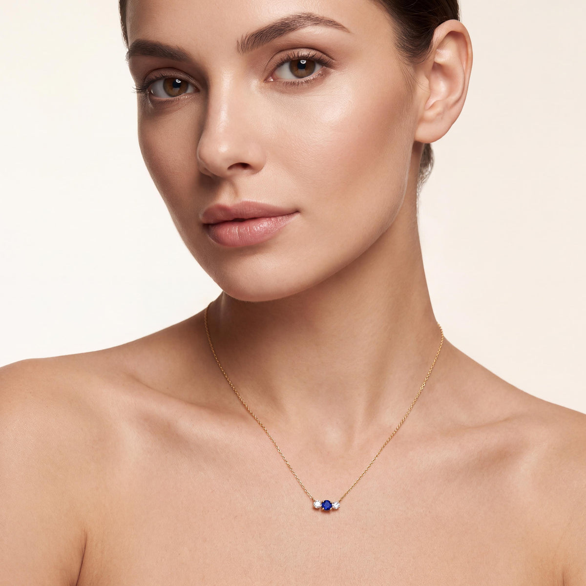 Round Sapphire & Diamond Three Stone Dainty Necklace 14K Solid Gold Pendant