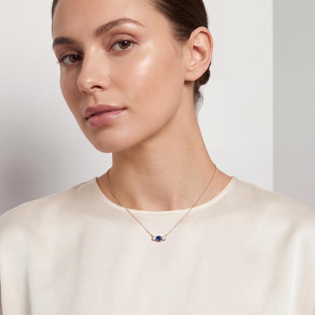 Round Sapphire & Diamond Three Stone Dainty Necklace 14K Solid Gold Pendant