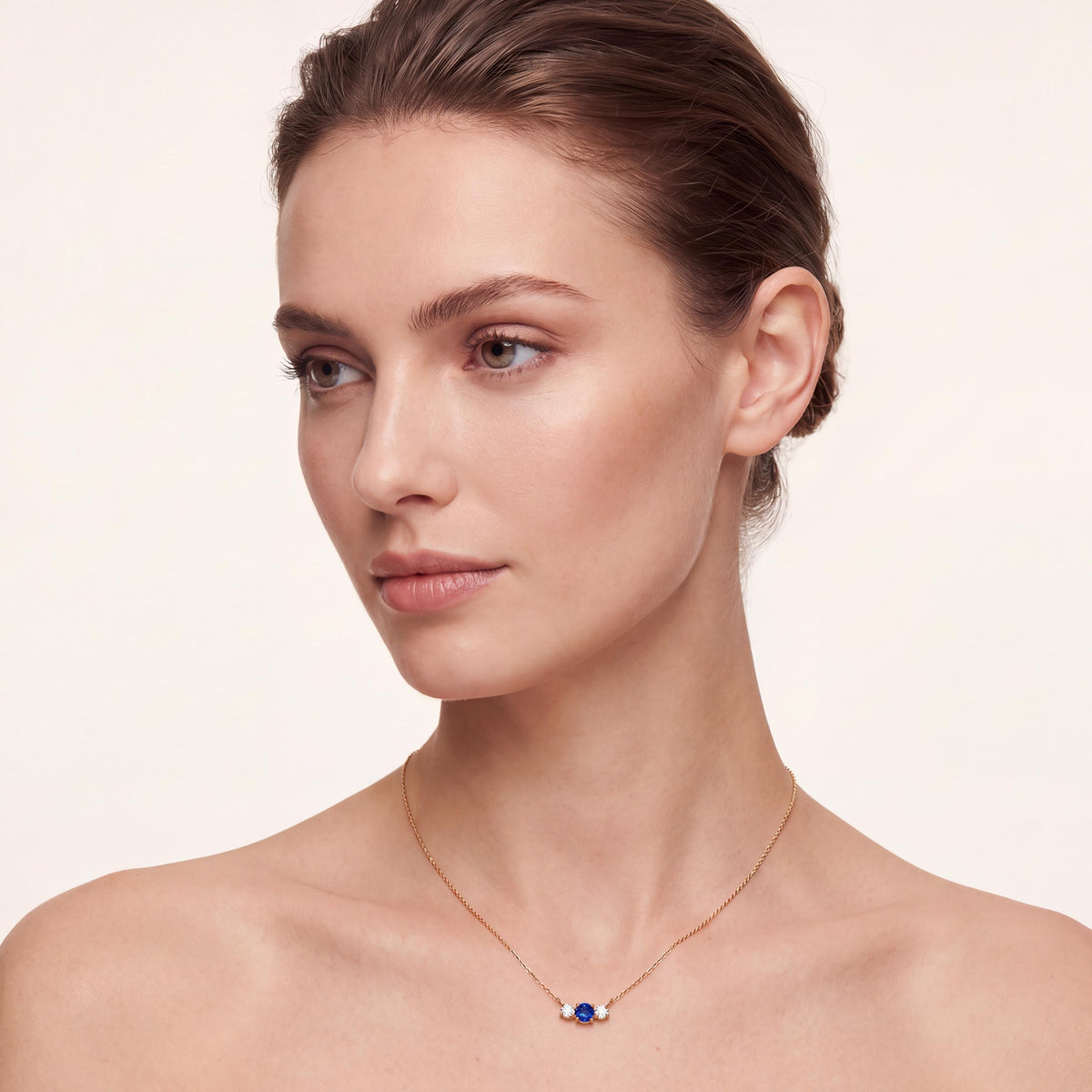 Round Sapphire & Diamond Three Stone Dainty Necklace 14K Solid Gold Pendant