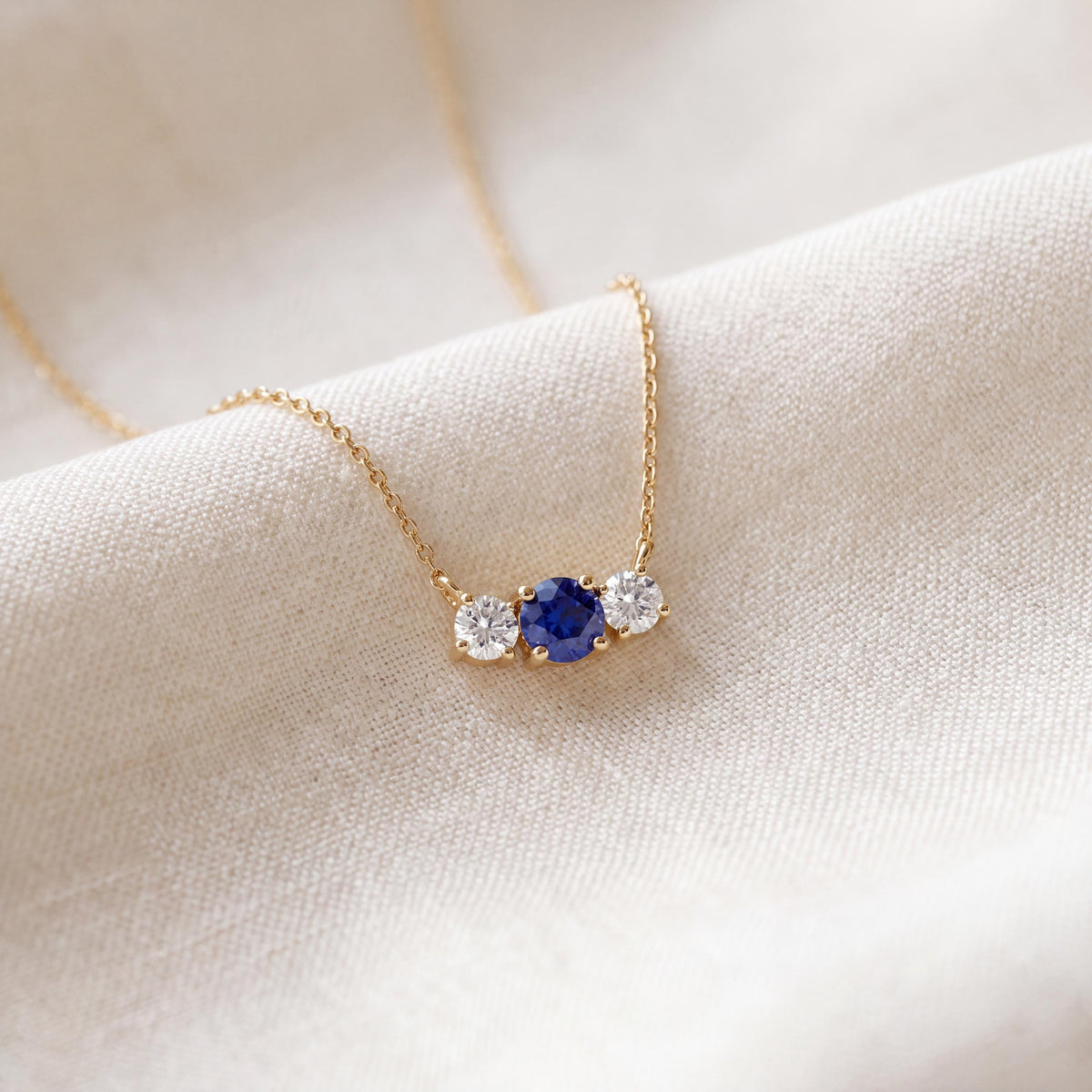 Round Sapphire & Diamond Three Stone Dainty Necklace 14K Solid Gold Pendant