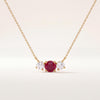 Round Ruby & Diamond Three Stone Dainty Necklace 14K Solid Gold Pendant