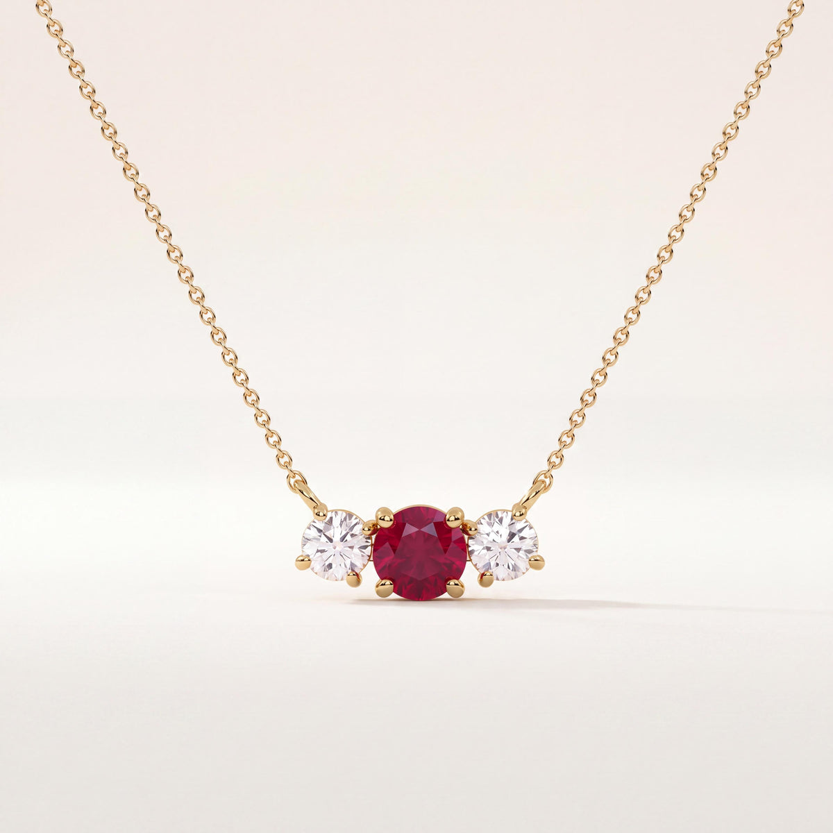 Round Ruby & Diamond Three Stone Dainty Necklace 14K Solid Gold Pendant