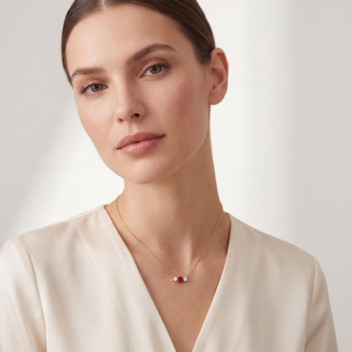 Round Ruby & Diamond Three Stone Dainty Necklace 14K Solid Gold Pendant