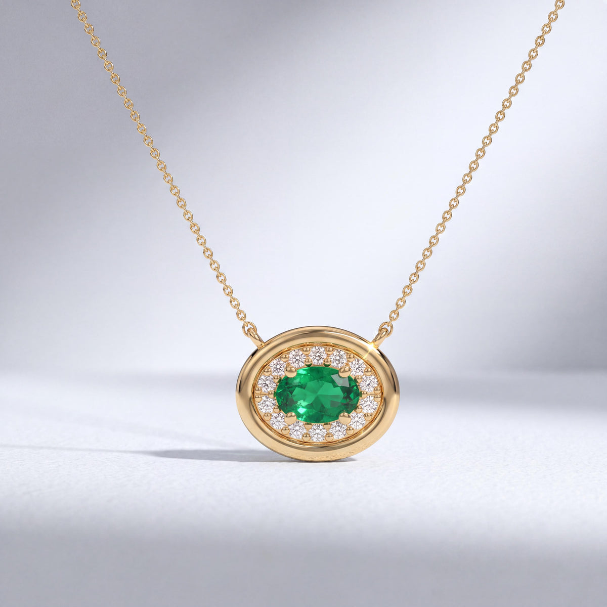 Oval Emerald & Diamond Halo Dainty Bezel 14K Solid Gold Pendant Necklace