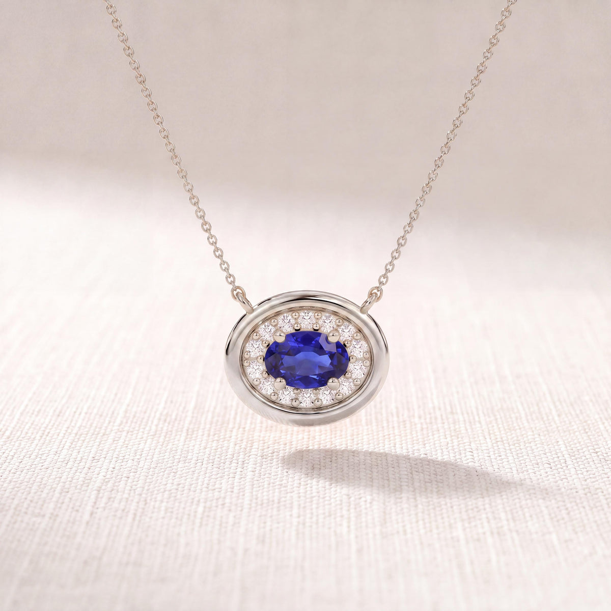 Oval Sapphire & Diamond Halo Dainty Bezel 14K Solid Gold Pendant Necklace