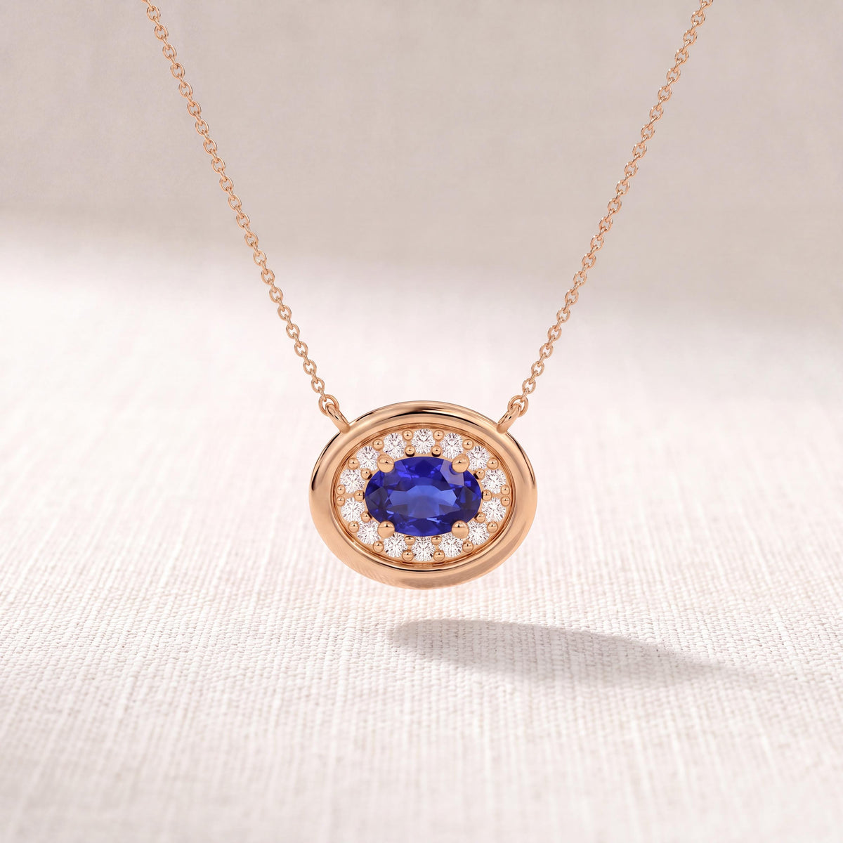 Oval Sapphire & Diamond Halo Dainty Bezel 14K Solid Gold Pendant Necklace