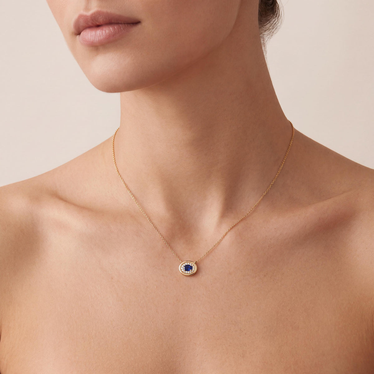 Oval Sapphire & Diamond Halo Dainty Bezel 14K Solid Gold Pendant Necklace