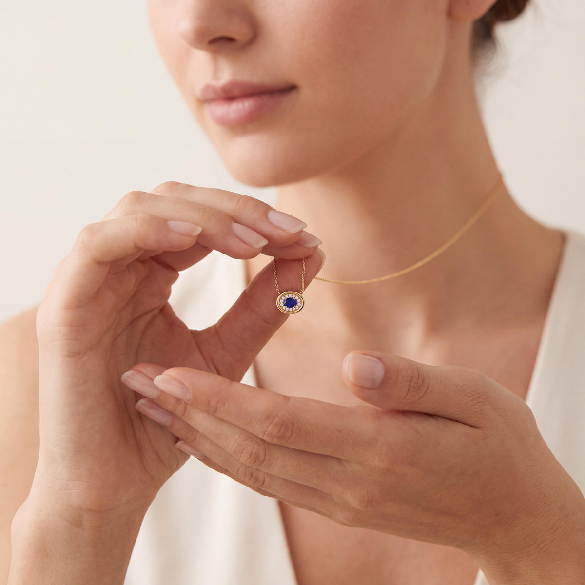 Oval Sapphire & Diamond Halo Dainty Bezel 14K Solid Gold Pendant Necklace