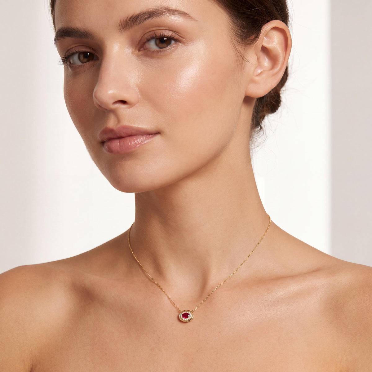 Oval Ruby & Diamond Halo Dainty Bezel 14K Solid Gold Pendant Necklace