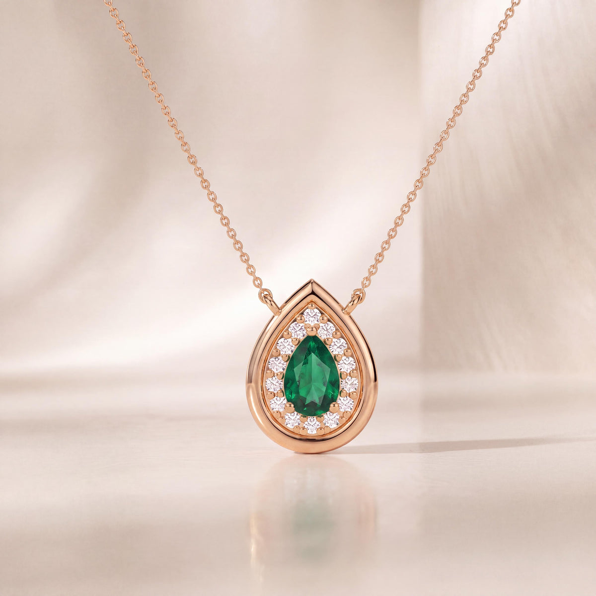 Emerald Pear Shape & Diamond Halo Dainty Bezel 14K Solid Gold Pendant Necklace