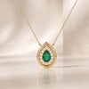 Emerald Pear Shape & Diamond Halo Dainty Bezel 14K Solid Gold Pendant Necklace