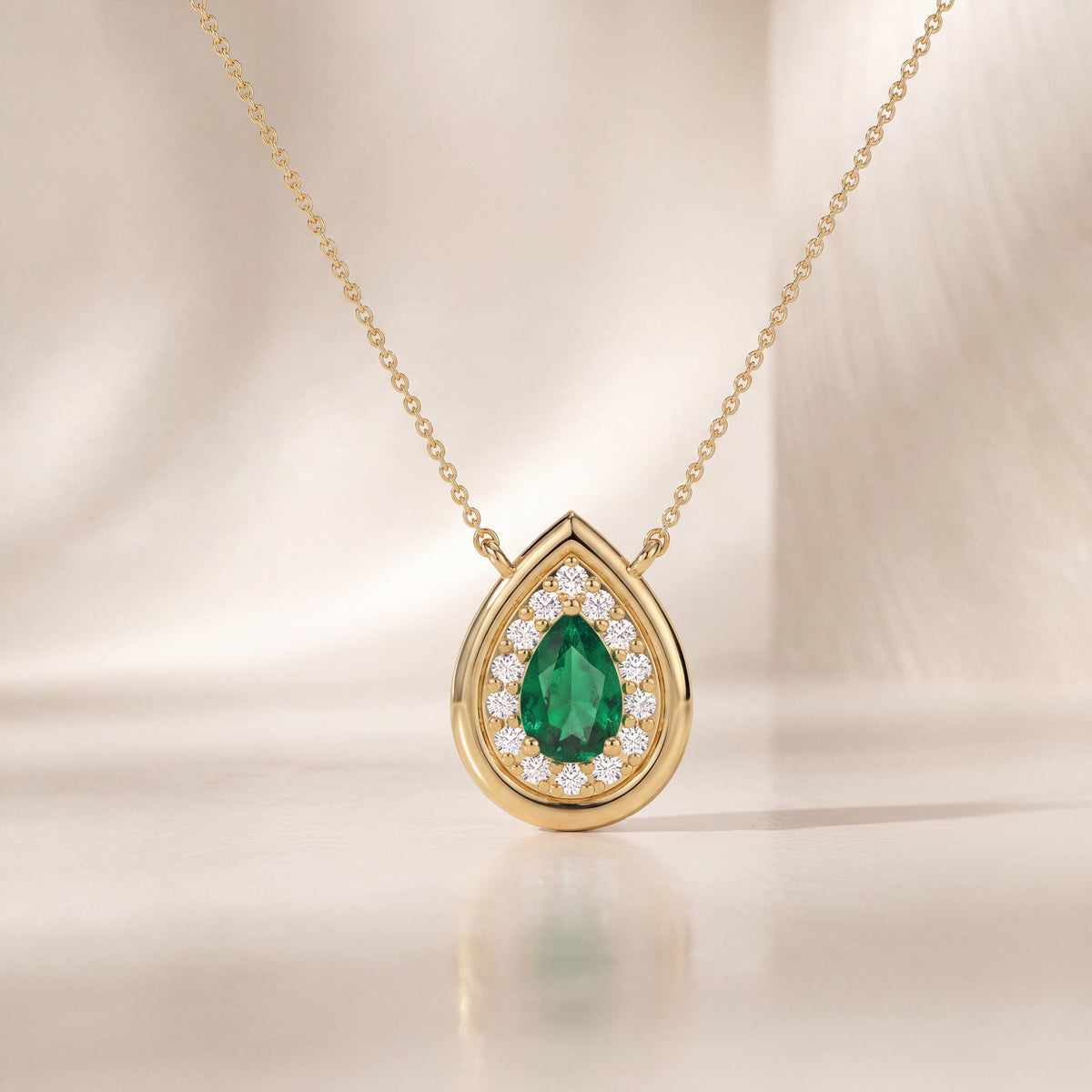 Emerald Pear Shape & Diamond Halo Dainty Bezel 14K Solid Gold Pendant Necklace