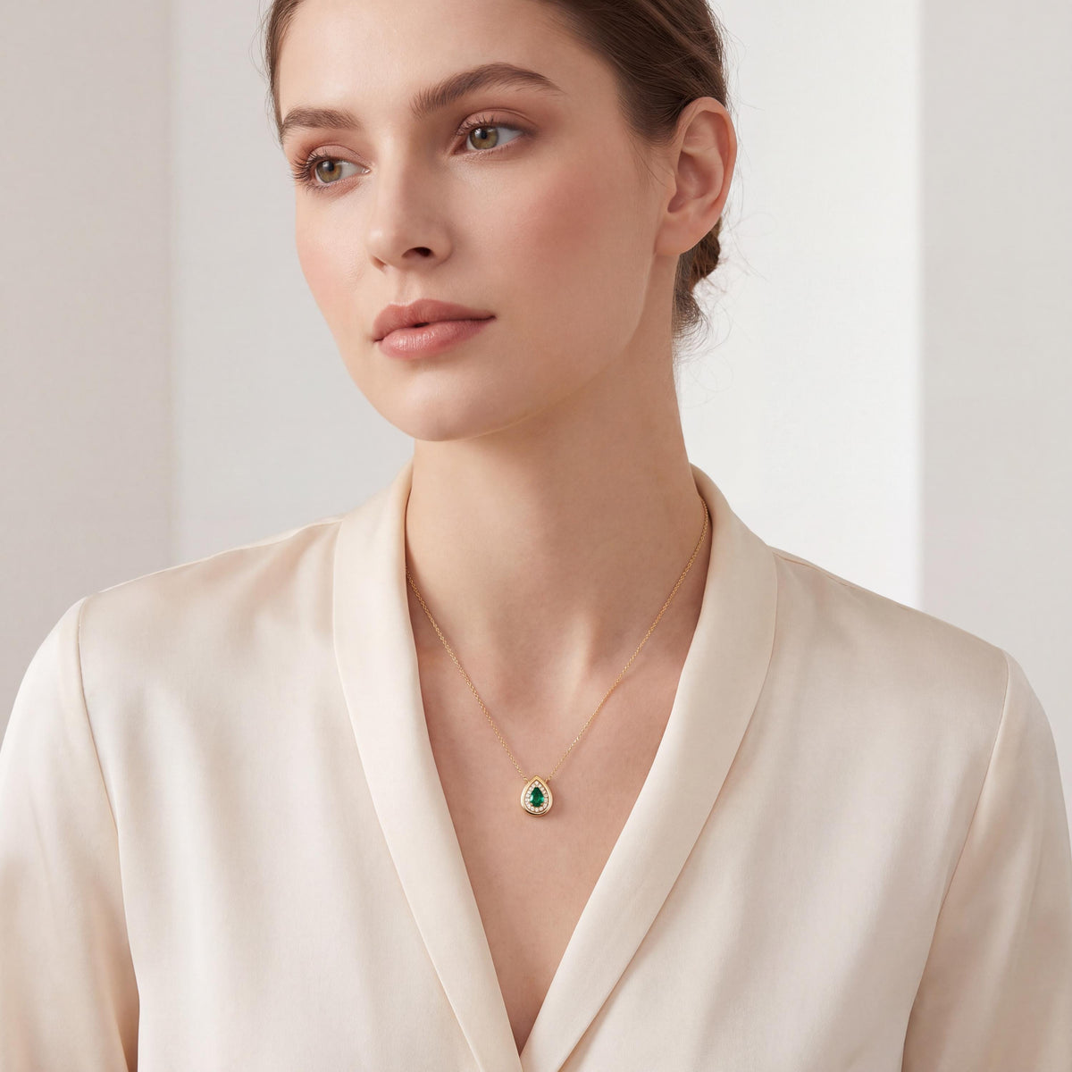Emerald Pear Shape & Diamond Halo Dainty Bezel 14K Solid Gold Pendant Necklace