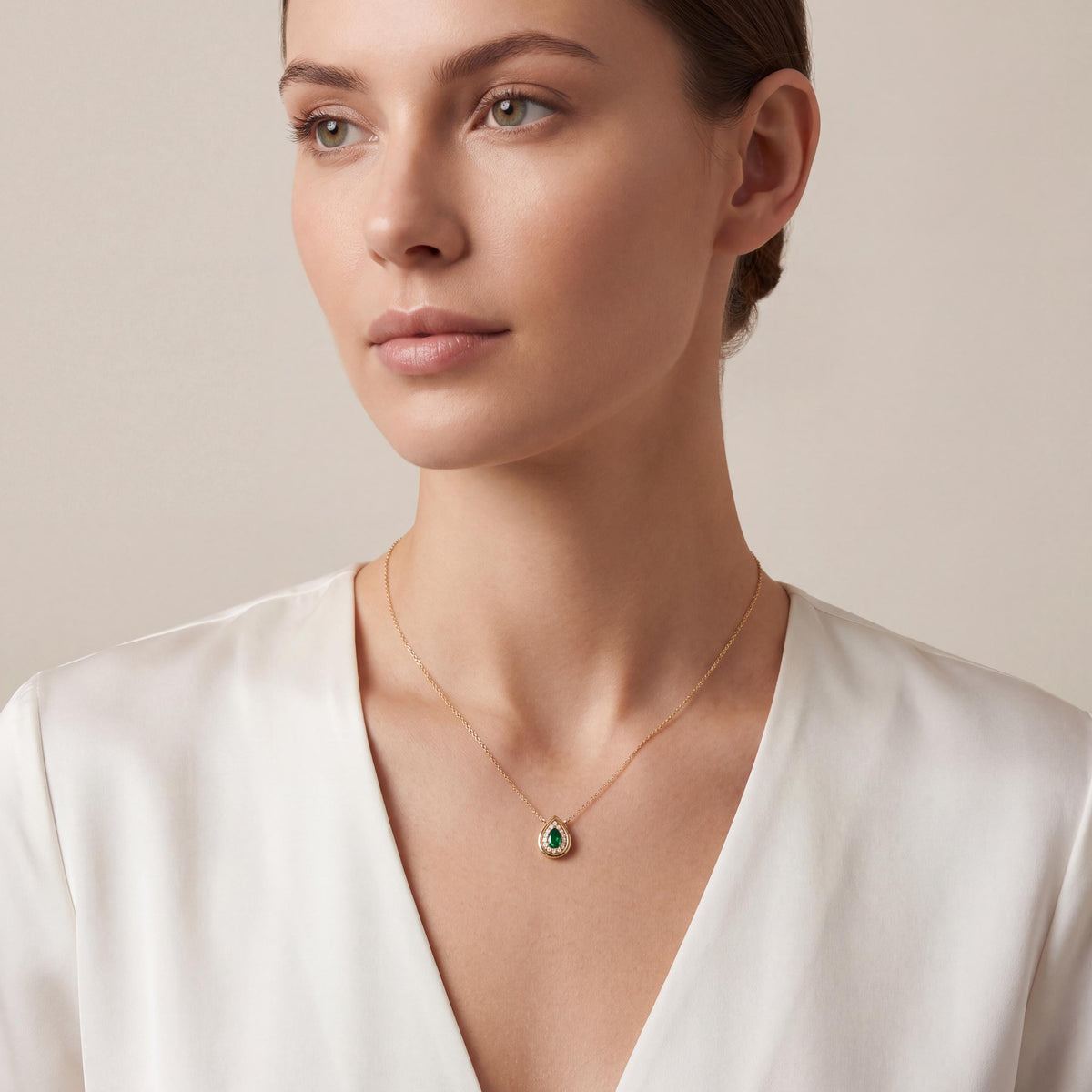 Emerald Pear Shape & Diamond Halo Dainty Bezel 14K Solid Gold Pendant Necklace