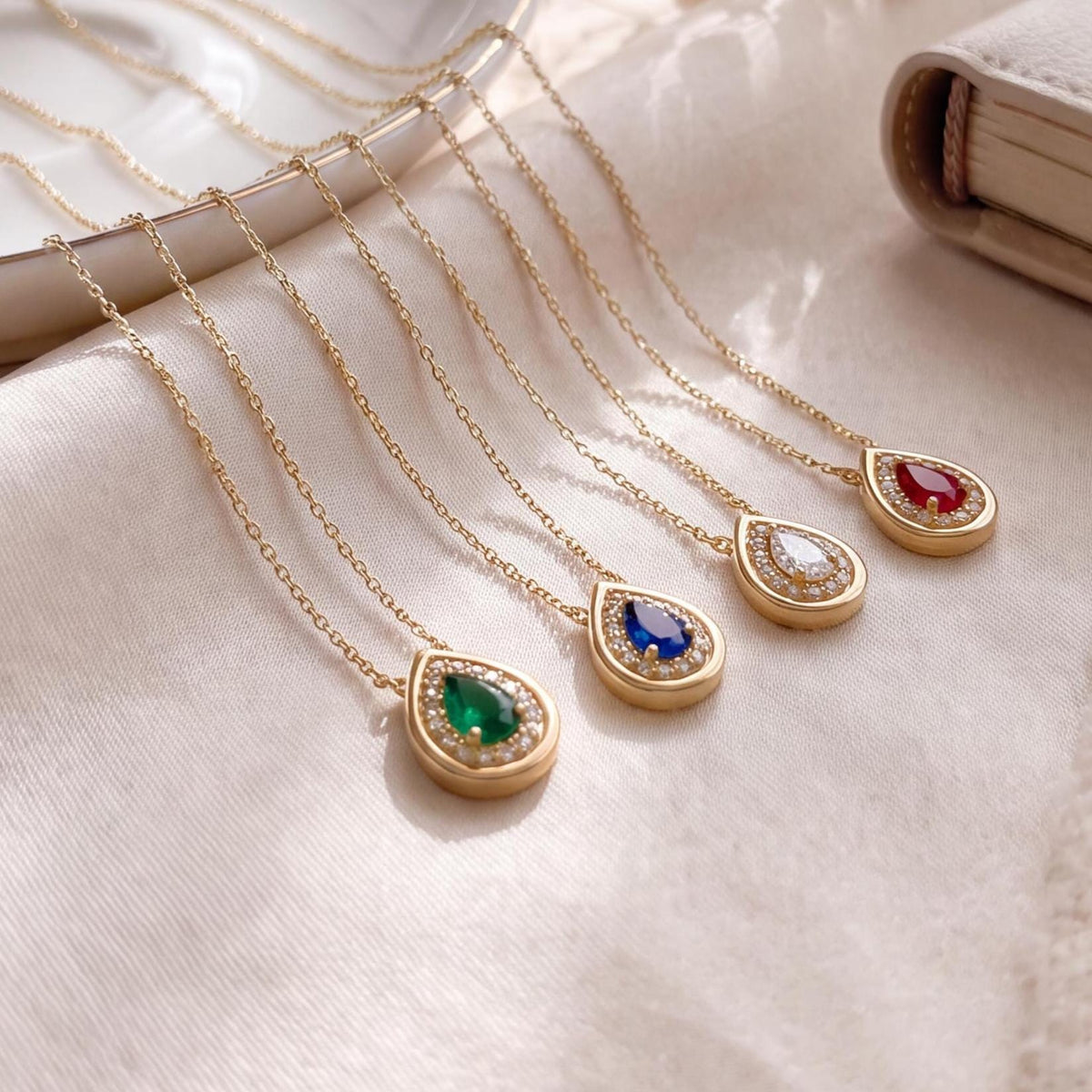 Emerald Pear Shape & Diamond Halo Dainty Bezel 14K Solid Gold Pendant Necklace